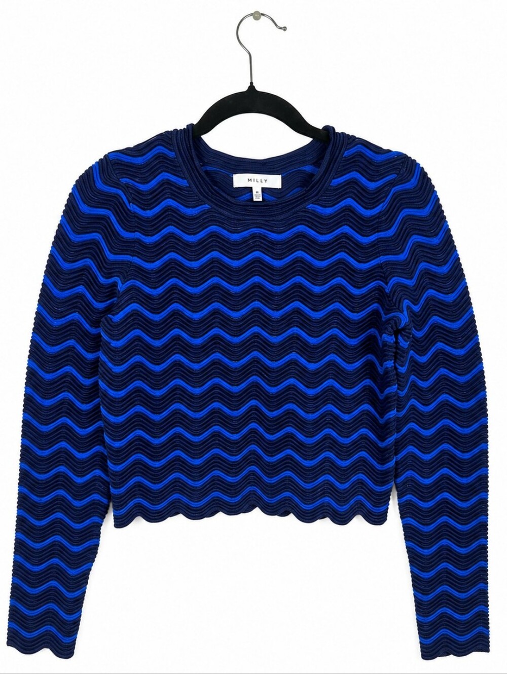 MILLY Blue Black Wave Knit Crop Top Textured Designer Long Sleeve Sweater M